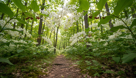 Beautiful Natural Forest Landscape with Trees and Green Plants Background