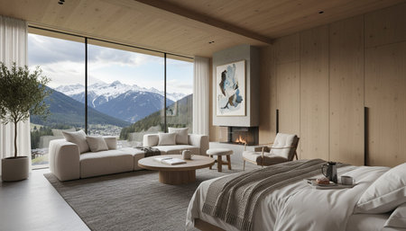 Luxury Modern Interior Design with Scenic Nature Viewsの写真素材