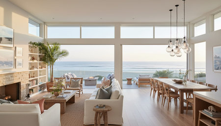 Luxury Modern Interior Design with Scenic Nature Viewsの写真素材