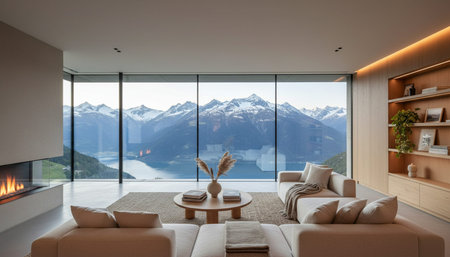 Luxury Modern Interior Design with Scenic Nature Viewsの写真素材