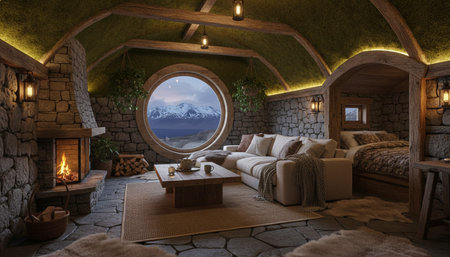 Luxury Modern Interior Design with Scenic Nature Viewsの写真素材