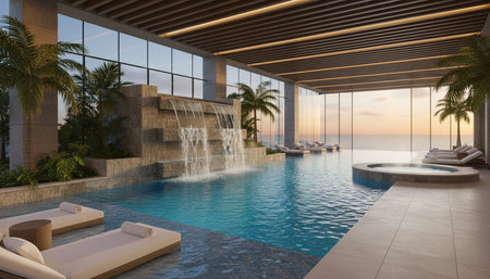 Luxury Modern Interior Design with Scenic Nature Viewsの写真素材