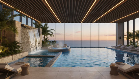 Luxury Modern Interior Design with Scenic Nature Viewsの写真素材