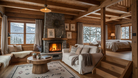 Luxury Modern Interior Design with Scenic Nature Viewsの写真素材