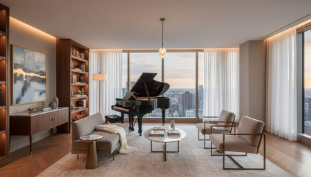 Luxury Modern Interior Design with Scenic Nature Viewsの写真素材