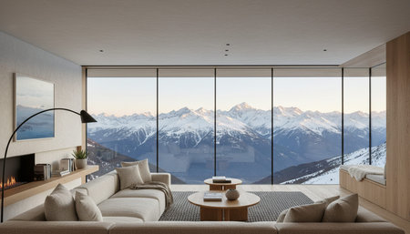 Luxury Modern Interior Design with Scenic Nature Viewsの写真素材