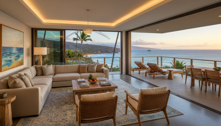 Luxury Modern Interior Design with Scenic Nature Viewsの写真素材