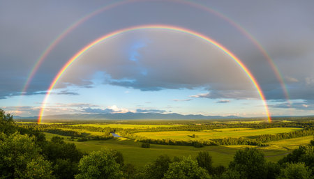 Breathtaking scenic landscapes under dramatic skies featuring rainbows, vibrant sunsets, and unique...