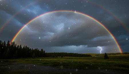 Breathtaking scenic landscapes under dramatic skies featuring rainbows, vibrant sunsets, and unique...