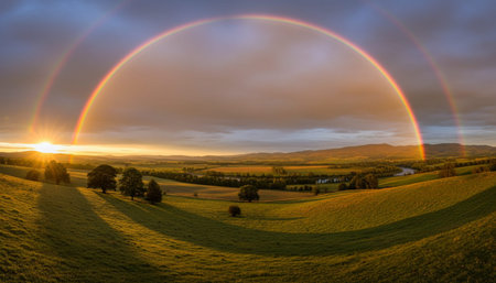 Breathtaking scenic landscapes under dramatic skies featuring rainbows, vibrant sunsets, and unique...