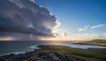 Breathtaking scenic landscapes under dramatic skies featuring rainbows, vibrant sunsets, and unique...