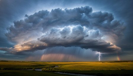 Breathtaking scenic landscapes under dramatic skies featuring rainbows, vibrant sunsets, and unique...