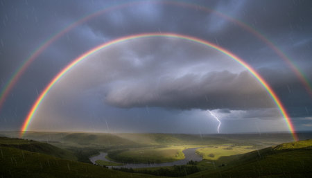 Breathtaking scenic landscapes under dramatic skies featuring rainbows, vibrant sunsets, and unique...