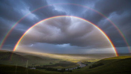 Breathtaking scenic landscapes under dramatic skies featuring rainbows, vibrant sunsets, and unique...