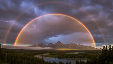 Breathtaking scenic landscapes under dramatic skies featuring rainbows, vibrant sunsets, and unique...