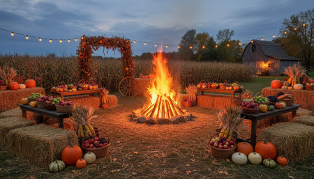 Atmospheric night scenes featuring vibrant bonfires and celebratory fireworks in a natural forest...