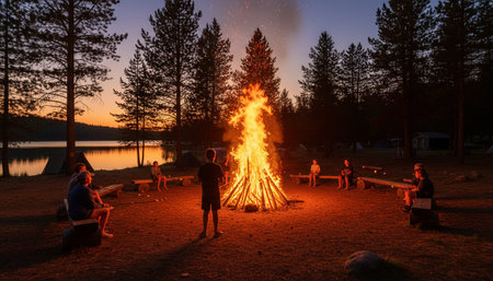 Atmospheric night scenes featuring vibrant bonfires and celebratory fireworks in a natural forest...