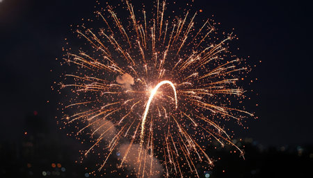 Atmospheric night scenes featuring vibrant bonfires and celebratory fireworks in a natural forest...