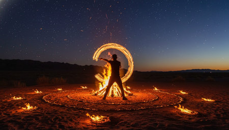 Atmospheric night scenes featuring vibrant bonfires and celebratory fireworks in a natural forest...