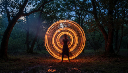 Atmospheric night scenes featuring vibrant bonfires and celebratory fireworks in a natural forest...
