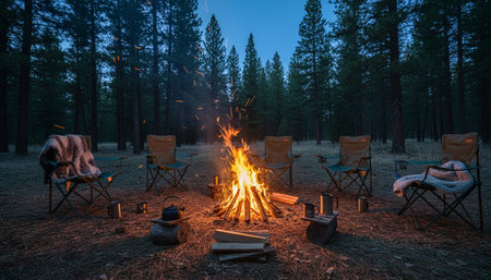Atmospheric night scenes featuring vibrant bonfires and celebratory fireworks in a natural forest...
