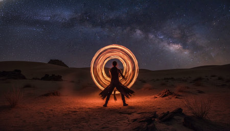 Atmospheric night scenes featuring vibrant bonfires and celebratory fireworks in a natural forest...