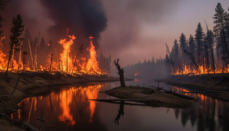 Atmospheric night scenes featuring vibrant bonfires and celebratory fireworks in a natural forest...