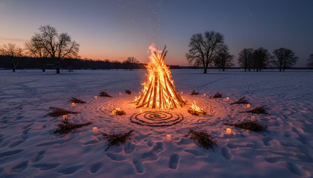 Atmospheric night scenes featuring vibrant bonfires and celebratory fireworks in a natural forest...