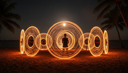 Atmospheric night scenes featuring vibrant bonfires and celebratory fireworks in a natural forest...