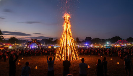 Atmospheric night scenes featuring vibrant bonfires and celebratory fireworks in a natural forest...