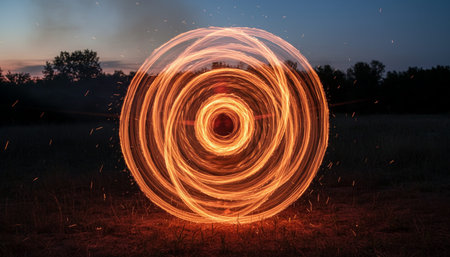 Atmospheric night scenes featuring vibrant bonfires and celebratory fireworks in a natural forest...