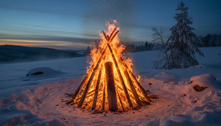 Atmospheric night scenes featuring vibrant bonfires and celebratory fireworks in a natural forest...