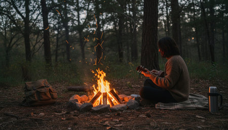 Atmospheric night scenes featuring vibrant bonfires and celebratory fireworks in a natural forest...