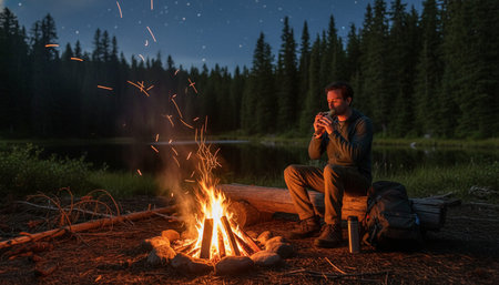 Atmospheric night scenes featuring vibrant bonfires and celebratory fireworks in a natural forest...