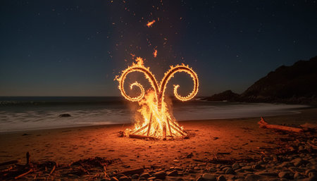 Atmospheric night scenes featuring vibrant bonfires and celebratory fireworks in a natural forest...