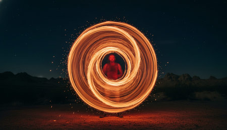Atmospheric night scenes featuring vibrant bonfires and celebratory fireworks in a natural forest...