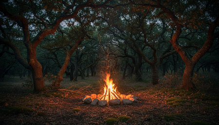 Atmospheric night scenes featuring vibrant bonfires and celebratory fireworks in a natural forest...