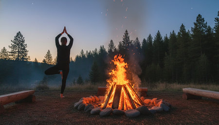 Atmospheric night scenes featuring vibrant bonfires and celebratory fireworks in a natural forest...