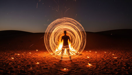 Atmospheric night scenes featuring vibrant bonfires and celebratory fireworks in a natural forest...