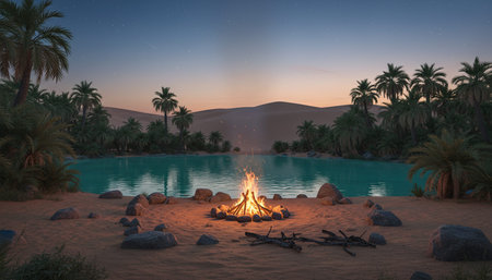 Atmospheric night scenes featuring vibrant bonfires and celebratory fireworks in a natural forest...