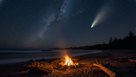 Atmospheric night scenes featuring vibrant bonfires and celebratory fireworks in a natural forest...