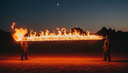 Atmospheric night scenes featuring vibrant bonfires and celebratory fireworks in a natural forest...