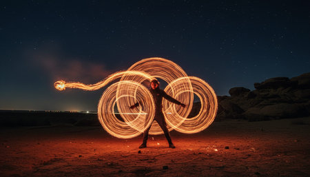 Atmospheric night scenes featuring vibrant bonfires and celebratory fireworks in a natural forest...