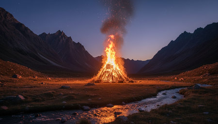 Atmospheric night scenes featuring vibrant bonfires and celebratory fireworks in a natural forest...
