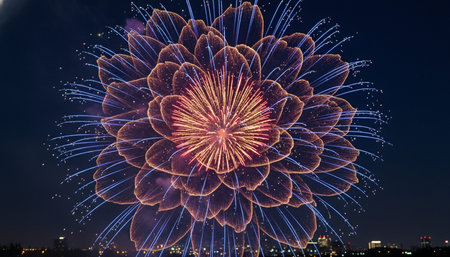 Atmospheric night scenes featuring vibrant bonfires and celebratory fireworks in a natural forest...