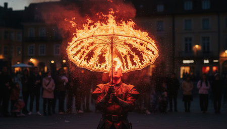 Atmospheric night scenes featuring vibrant bonfires and celebratory fireworks in a natural forest...