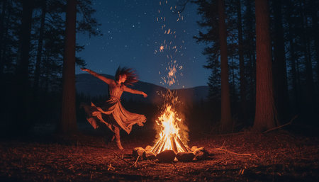 Atmospheric night scenes featuring vibrant bonfires and celebratory fireworks in a natural forest...