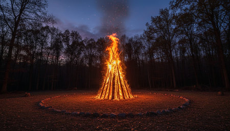 Atmospheric night scenes featuring vibrant bonfires and celebratory fireworks in a natural forest...