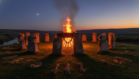 Atmospheric night scenes featuring vibrant bonfires and celebratory fireworks in a natural forest...