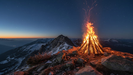 Atmospheric night scenes featuring vibrant bonfires and celebratory fireworks in a natural forest...